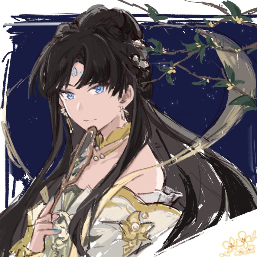 1girl, bare_shoulders, black_hair, blue_eyes, branch, character_request, closed_mouth, detached_sleeves