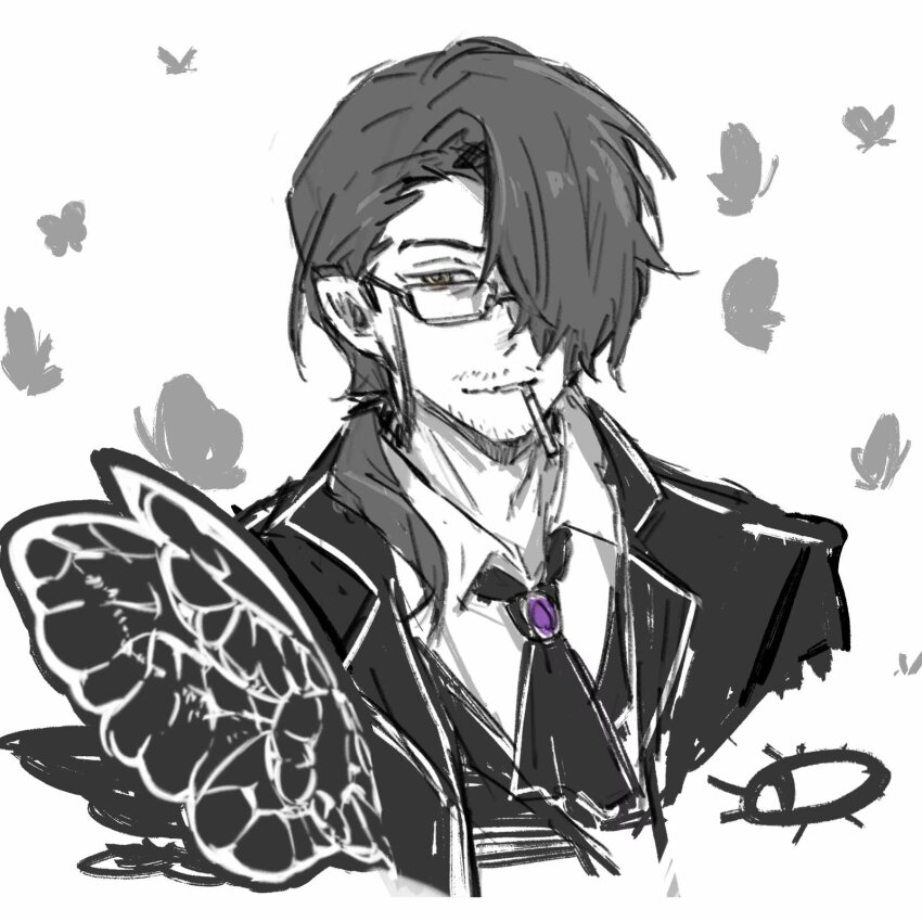 1boy, ascot, beard_stubble, brooch, cigarette, closed_mouth, coat, collared_shirt