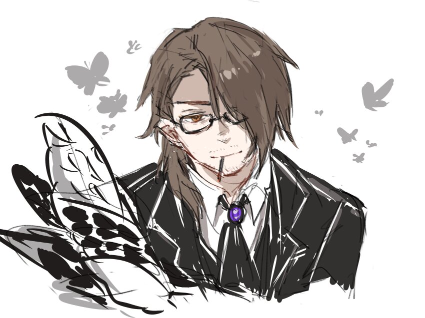 1boy, absurdres, ascot, beard_stubble, black_ascot, black_coat, brooch, brown_eyes, brown_hair, closed_mouth, coat, collared_shirt, e.g.o_(project_moon), facial_hair, gem, glasses, gregor_(project_moon), highres, jewelry, jiaoyu, lapels, limbus_company, low_ponytail, notched_lapels, ponytail, project_moon, purple_gem, shirt, simple_background, smile, solemn_lament_(e.g.o), solo, stubble, white_background, white_shirt