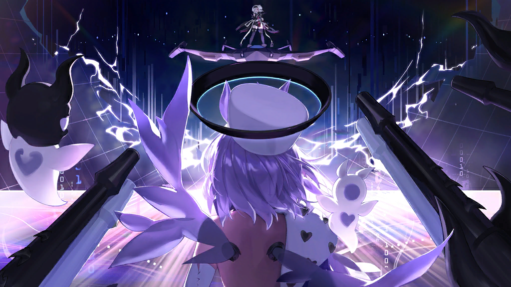 2girls, aiming, arbiter_the_lovers_vi_(azur_lane), azur_lane, bon_homme_richard_(azur_lane), bon_homme_richard_(meta)_(azur_lane), fighting_stance, game_cg, halo, hat, looking_at_another, mechanical_halo, multiple_girls, non-web_source, official_art, pointing, sea_angel, sea_angel_girl, sea_angel_wings, sea_slug_ears, sea_slug_girl, ship_turret, short_hair, siren_(azur_lane), standing, white_hat, wings