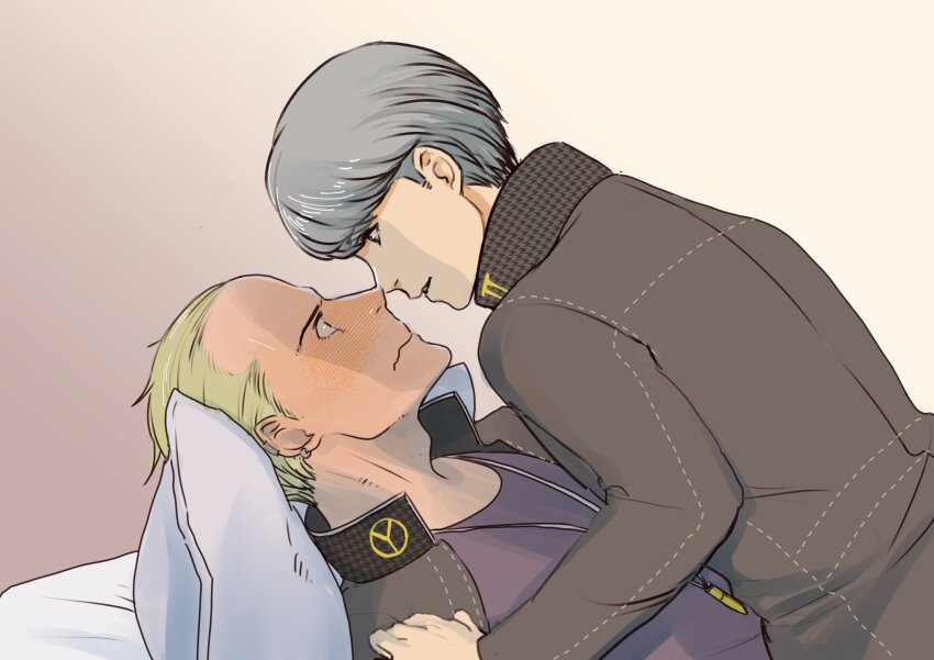 2boys, bed, black_jacket, blonde_hair, blue_shirt, blush, collared_jacket, couple, crew_neck, embarrassed, eye_contact, gradient_background, grey_hair, highres, jacket, jewelry, long_sleeves, looking_at_another, lying, male_focus, multiple_boys, narukami_yu, necklace, on_back, persona, persona_4, pillow, ponta_(aka_7280), school_uniform, shirt, tatsumi_kanji, upper_body, wavy_mouth, yaoi, yasogami_school_uniform