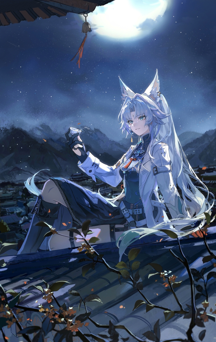 1girl, absurdres, animal_ears, black_boots, black_gloves, blue_eyes, blue_shirt, boots