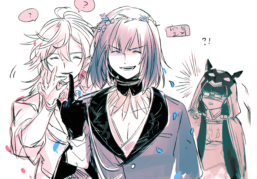 !?, 1girl, 2boys, ?, aki_(neyuki41028), blush, fate/grand_order, fate_(series)