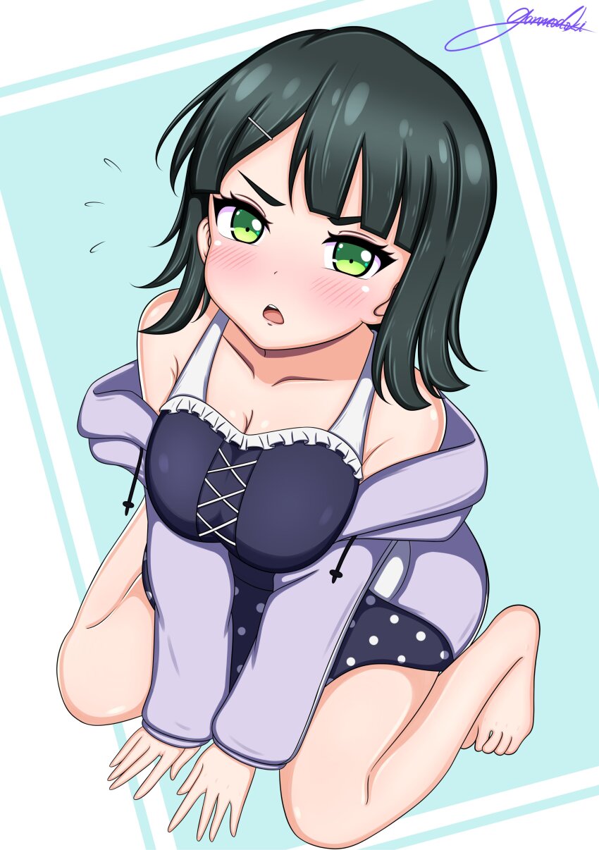 1girl, absurdres, armpit_crease, artist_name, barefoot, black_one-piece_swimsuit, blue_background, breasts