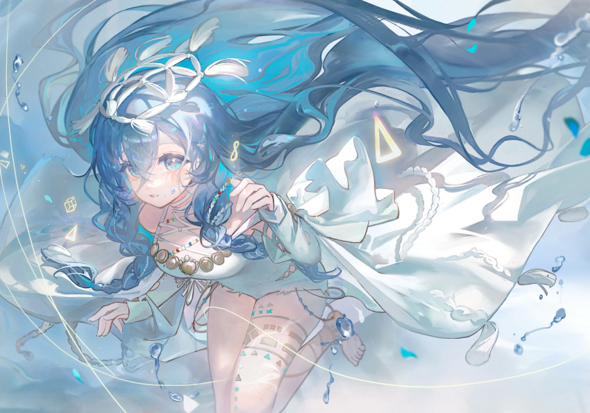 1girl, 37_(down_in_the_grotto)_(reverse:1999), 37_(reverse:1999), absurdres, bare_shoulders, barefoot, blinklikeer, blue_background