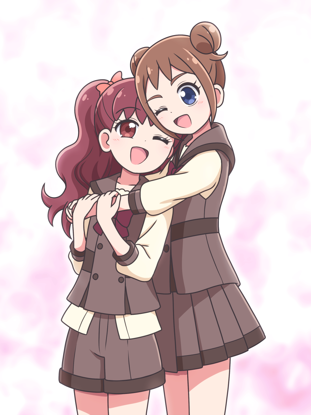 2girls, arm_on_another's_shoulder, blue_eyes, blush, bow, bowtie, brown_hair, brown_sailor_collar