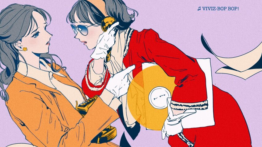 2girls, collared_shirt, commentary_request, corded_phone, earrings, eunha_(gfriend), gfriend, gloves