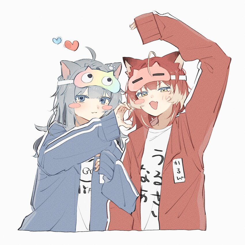 2girls, :3, ahoge, akami_karubi, animal_ears, arm_hug, blue_eyes, blue_jacket