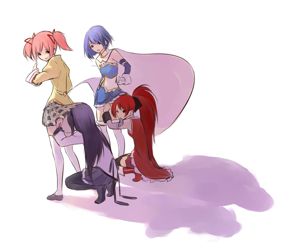 10s, 4girls, akemi_homura, akemi_homura_(magical_girl), black_hair, black_legwear, blue_hair, cape, female_pervert, gloves, hair_ribbon, kaname_madoka, koharu_nosuke, long_hair, magical_girl, mahou_shoujo_madoka_magica, mahou_shoujo_madoka_magica_(anime), miki_sayaka, miki_sayaka_(magical_girl), mouth_hold, multiple_girls, panties, panties_in_mouth, pantyhose, pervert, pink_hair, ponytail, red_hair, ribbon, sakura_kyoko, sakura_kyoko_(magical_girl), school_uniform, short_hair, short_twintails, skirt, skirt_flip, thighhighs, twintails, underwear, white_legwear, yuri, zettai_ryouiki