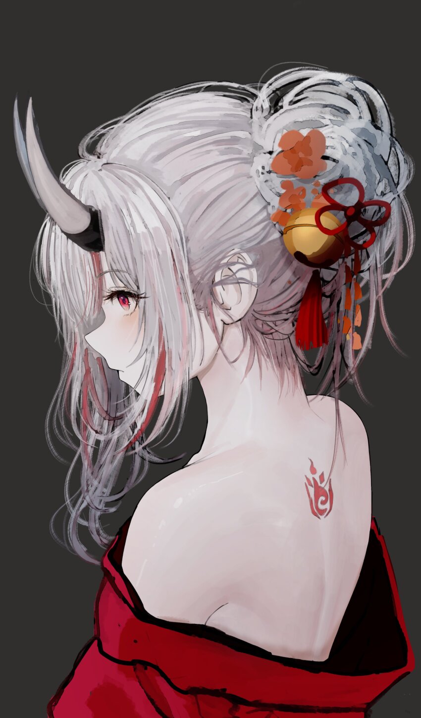 1girl, absurdres, back_tattoo, bare_shoulders, bell, from_side, grey_background, grey_hair