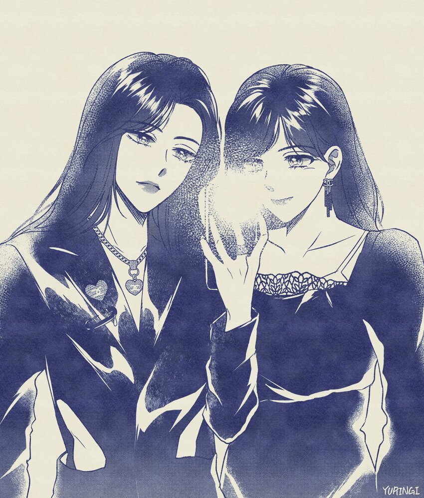2girls, artist_name, dress, earrings, gfriend, greyscale, highres, holding