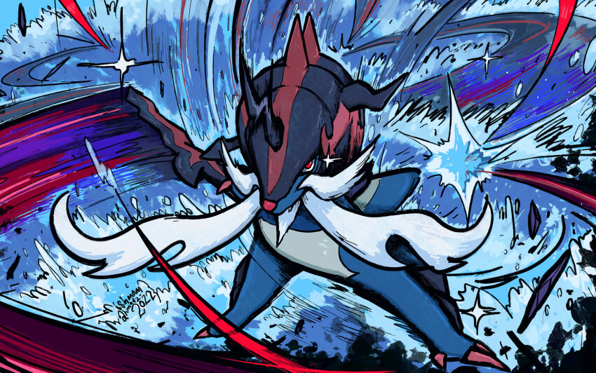 animal_focus, artist_name, closed_mouth, commentary, dated, english_commentary, full_body, highres, hisuian_samurott, ishmam, looking_at_viewer, motion_lines, nintendo, no_humans, outdoors, pokemon, pokemon_(creature), pokemon_ability, pokemon_move, red_eyes, seal_(animal), solo, water