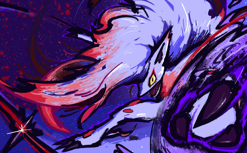 abstract_background, animal_focus, commentary, english_commentary, foreshortening, full_body, highres, hisuian_zoroark, incoming_attack, ishmam, looking_at_viewer, lower_teeth_only, nintendo, no_humans, open_mouth, pokemon, pokemon_(creature), purple_background, red_pupils, sharp_teeth, slit_pupils, solo, standing, teeth, yellow_eyes