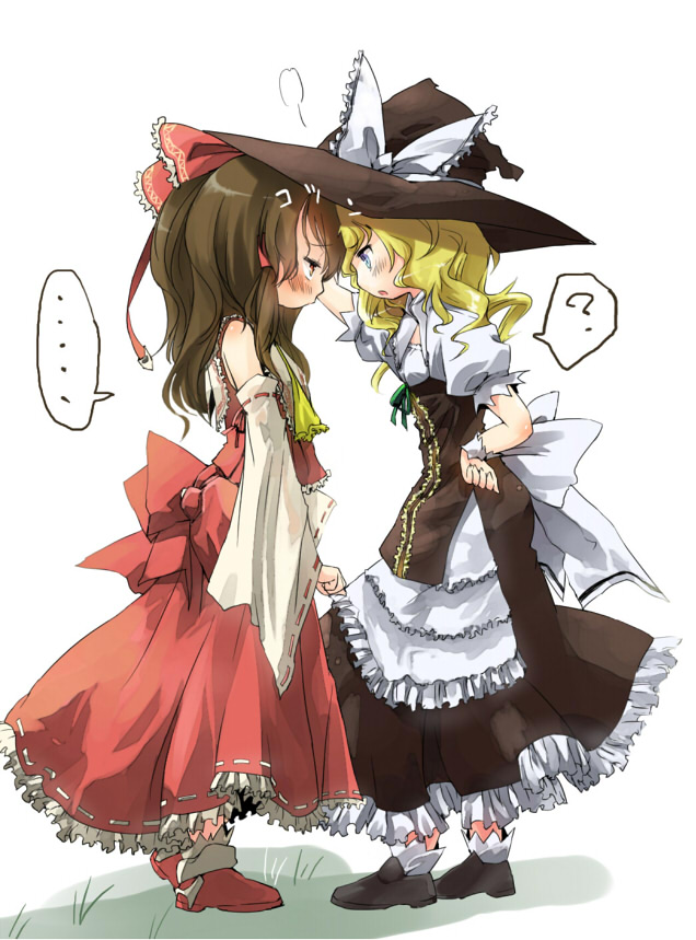 ..., 2girls, ?, ascot, blonde_hair, blush, bow, brown_hair