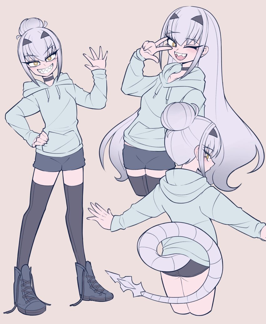 1girl, black_footwear, black_leggings, black_pants, blue_shirt, dragon_girl, dragon_tail, fate/grand_order, fate_(series), hair_bun, highres, hood, hood_down, hoodie, leggings, light_blush, long_hair, looking_at_viewer, lrl23wznet74220, melusine_(fate), melusine_(swimsuit_ruler)_(fate), one_eye_closed, pants, sharp_teeth, shirt, solo, tail, teeth, v, white_hair, yellow_eyes