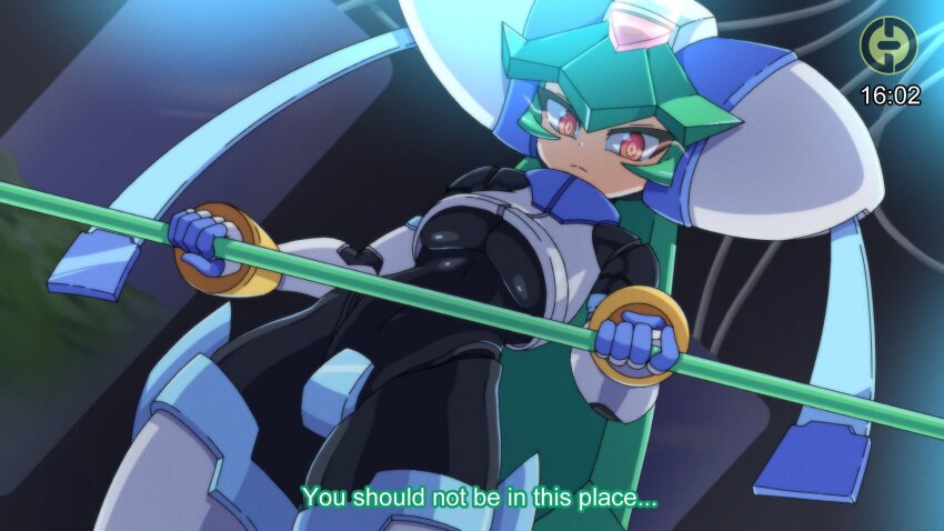 1girl, android, armor, black_bodysuit, bodysuit, bodysuit_under_clothes, boots, breasts