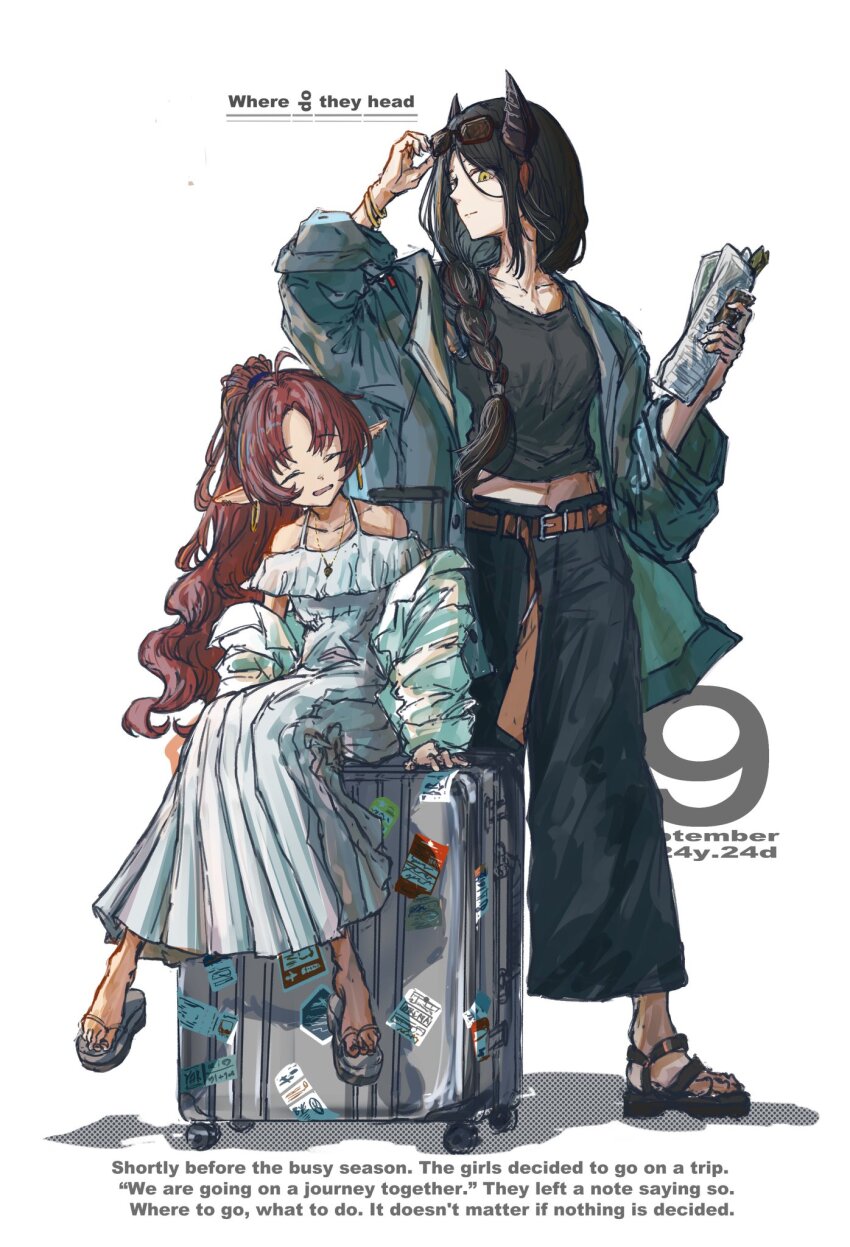 2girls, arknights, bare_shoulders, belt, belt_buckle, black_hair, black_horns, black_pants