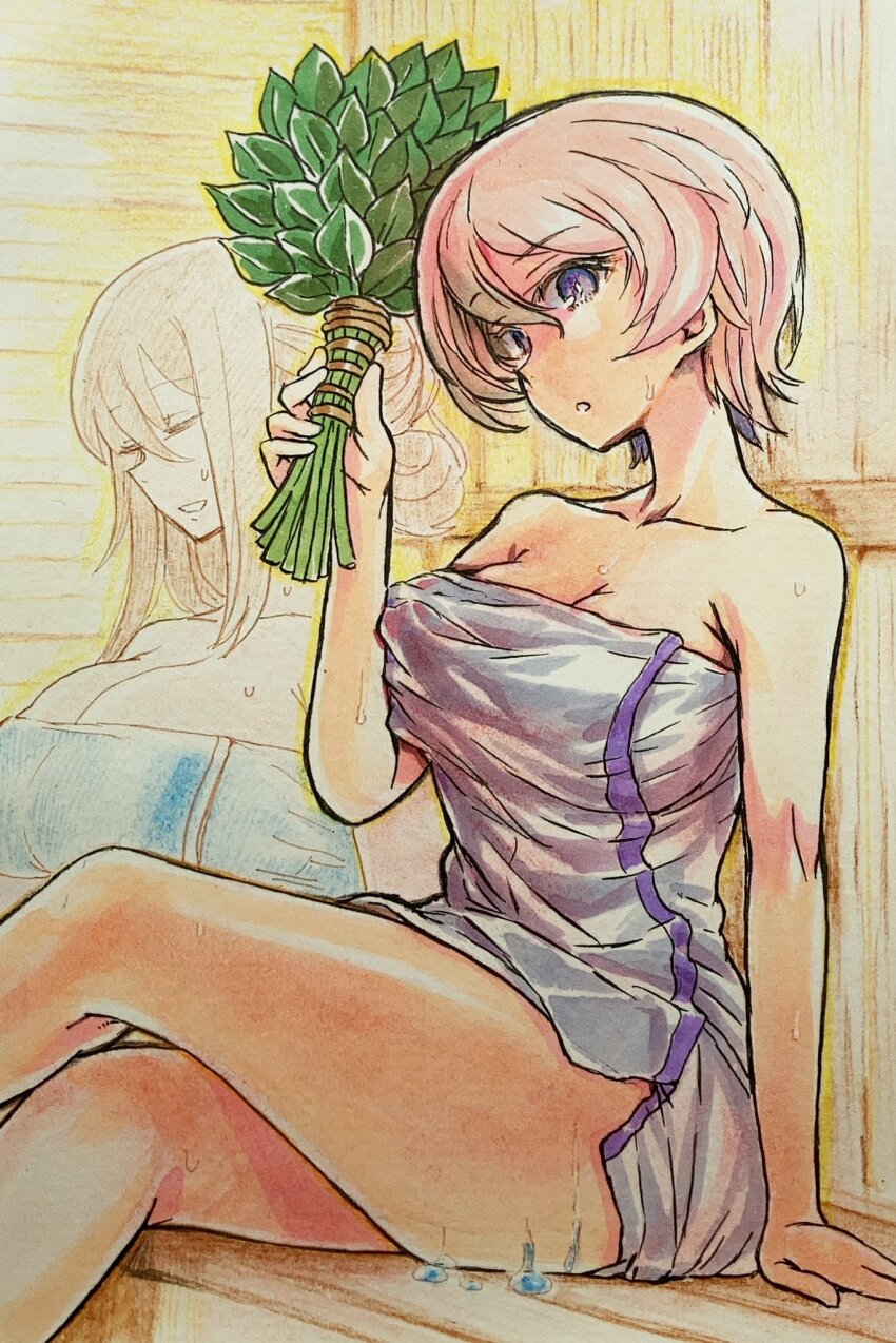 2girls, arm_above_head, bare_shoulders, blue_eyes, breasts, brown_hair, cleavage, closed_eyes