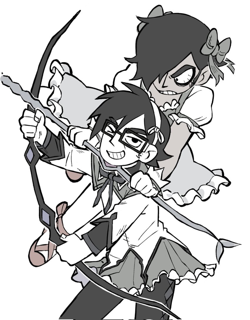 0nougat, 2boys, akemi_homura, akemi_homura_(cosplay), akemi_homura_(magical_girl), angry, bow_(weapon), commentary