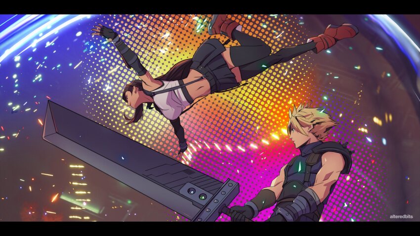 1boy, 1girl, absurdres, alteredbits, armor, artist_name, black_gloves, black_hair