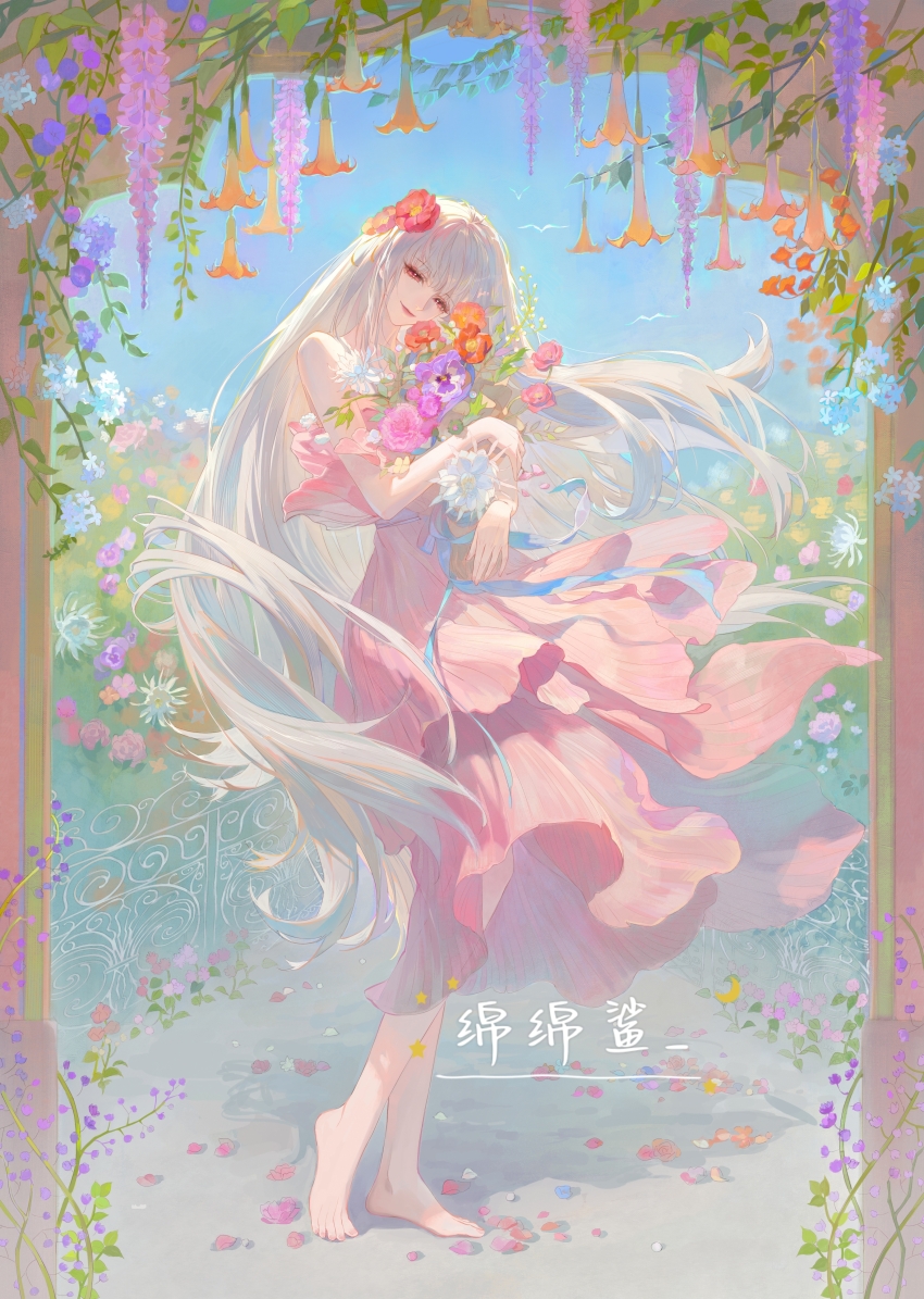 1girl, absurdres, arch, bare_arms, bare_shoulders, barefoot, bouquet, carnation