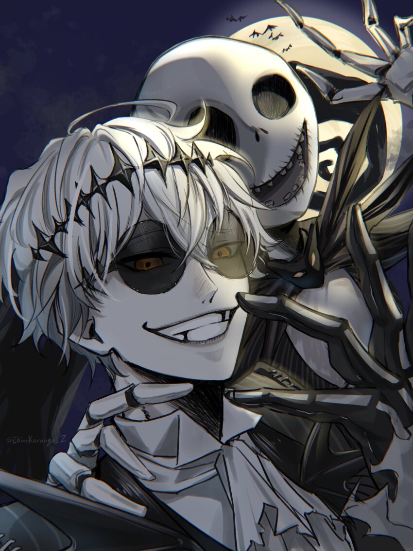 2boys, bat_(animal), black_crown, crown, ebino_karaage, formal_clothes, graveyard, halloween, highres, jack_skellington, jacket, long_sleeves, male_focus, moon, multiple_boys, night, open_mouth, orange_eyes, pinstripe_pattern, pinstripe_suit, round_eyewear, short_hair, skeleton, skeleton_print, sky, smile, stitches, striped_clothes, striped_jacket, suit, sunglasses, the_nightmare_before_christmas, twisted_wonderland, white_hair