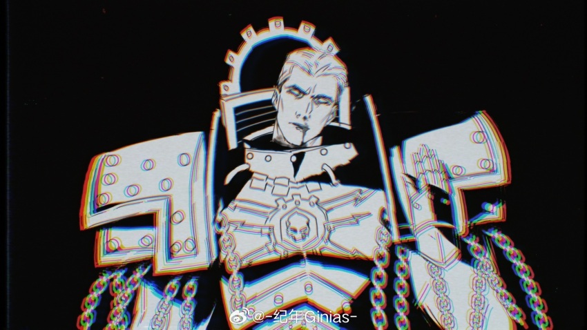 1boy, armor, artist_name, black_background, blurry, breastplate, chain, chromatic_aberration