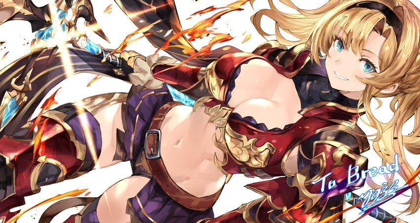 1girl, absurdres, armor, belt, belt_buckle, black_hairband, blonde_hair, blue_eyes, breasts, brown_belt, buckle, cleavage, commentary, commission, dutch_angle, english_commentary, gauntlets, granblue_fantasy, granblue_fantasy_versus, hair_intakes, hairband, highres, holding, holding_polearm, holding_weapon, large_breasts, leg_armor, long_hair, looking_at_viewer, monogrbl, navel, parted_lips, polearm, red_armor, second-party_source, showgirl_skirt, signature, smile, solo, twintails, weapon, white_background, zeta_(granblue_fantasy)
