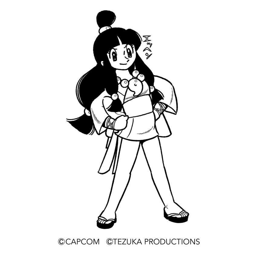 1girl, ace_attorney, bare_legs, black_hair, capcom, closed_mouth, commentary_request, company_name, copyright_notice, criss-cross_straps, dress, english_text, eyelashes, hair_ornament, half_updo, hands_on_own_hips, hanten_(clothes), highres, japanese_clothes, jewelry, jpeg_artifacts, kimono, kimono_dress, legs_apart, long_hair, long_sidelocks, looking_ahead, low-tied_long_hair, low-tied_sidelocks, low_ponytail, magatama, magatama_necklace, maya_fey, monochrome, necklace, no_socks, obi, official_art, okobo, platform_sandals, ponytail, retro_artstyle, sandals, sash, short_dress, short_kimono, sidelocks, smile, solo, sphere_hair_ornament, standing, tezuka_osamu_(style), three-quarter_sleeves, toes, topknot, translation_request, tsunogai, very_long_hair, white_background, wide_sleeves, wrist_straps