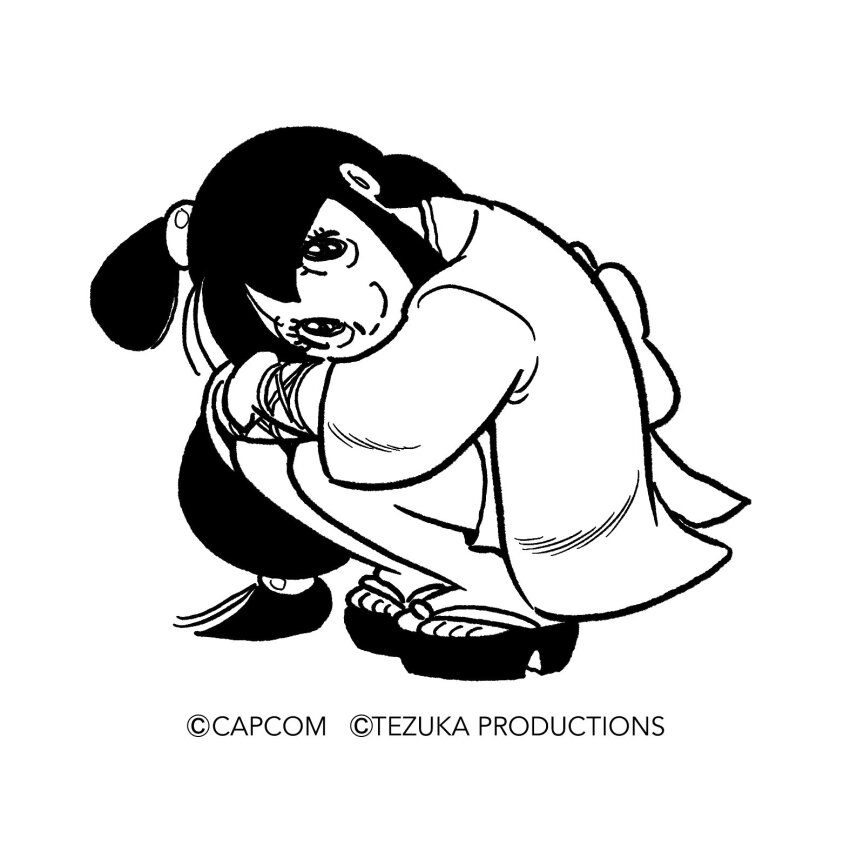 1girl, ace_attorney, bare_legs, black_hair, capcom, closed_mouth, commentary_request, company_name, copyright_notice, criss-cross_straps, crossed_arms, dress, english_text, eyelashes, half_updo, hanten_(clothes), highres, japanese_clothes, jewelry, jpeg_artifacts, kimono, kimono_dress, legs_together, long_hair, looking_at_viewer, low-tied_long_hair, low_ponytail, magatama, magatama_necklace, maya_fey, monochrome, necklace, no_socks, obi, official_art, okobo, platform_sandals, ponytail, retro_artstyle, sandals, sash, short_dress, short_kimono, sidelocks, smile, solo, tezuka_osamu_(style), three-quarter_sleeves, toes, topknot, tsunogai, very_long_hair, white_background, wide_sleeves, wrist_straps