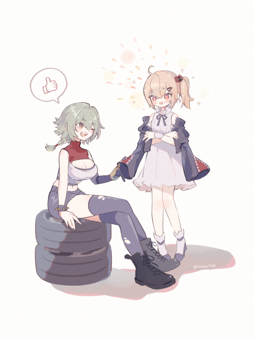 2girls, :d, ;d, aged_down, ahoge, bare_shoulders, black_footwear, black_jacket