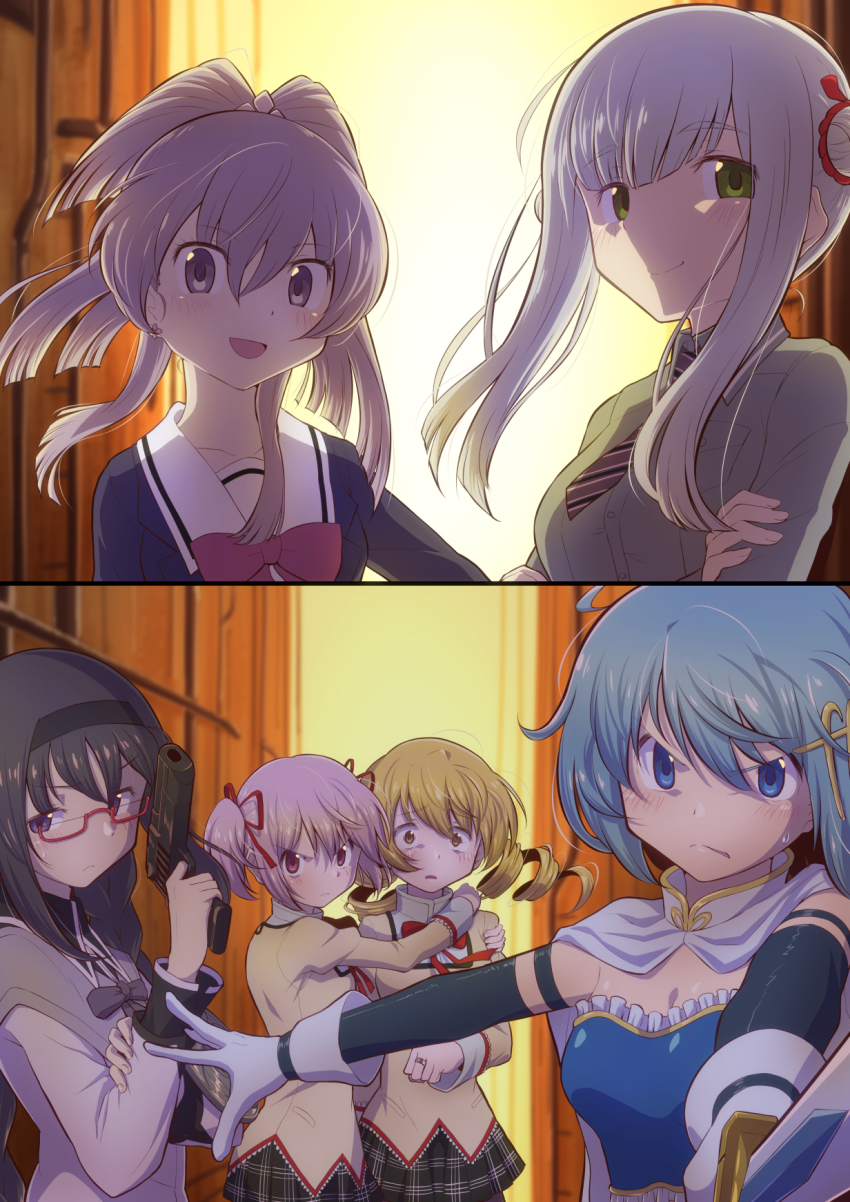 2koma, 6+girls, aika_himena, akemi_homura, akemi_homura_(magical_girl), alley, angry, black_hair, black_hairband, blonde_hair, blue_eyes, blue_hair, bow, cape, comic, crossed_arms, cutlass, diagonal-striped_clothes, diagonal-striped_necktie, drill_hair, fortissimo, frown, glasses, green_eyes, grey_eyes, grey_hair, gun, hair_ornament, hairband, handgun, highres, holding, holding_gun, holding_sword, holding_weapon, hug, jewelry, kagura_san, kamihama_future_academy_school_uniform, kaname_madoka, long_hair, magia_record:_mahou_shoujo_madoka_magica_gaiden, magical_girl, mahou_shoujo_madoka_magica, medium_hair, miki_sayaka, miki_sayaka_(magical_girl), mitakihara_school_uniform, multiple_girls, musical_note, musical_note_hair_ornament, necktie, open_mouth, outdoors, pink_eyes, pink_hair, purple_eyes, red-framed_eyewear, red_bow, ring, scared, school_uniform, semi-rimless_eyewear, sidelocks, smile, smug, striped_clothes, sword, takarazaki_school_uniform, tomoe_mami, touyu_(yuruyuruto), twin_drills, weapon, white_cape, yellow_eyes