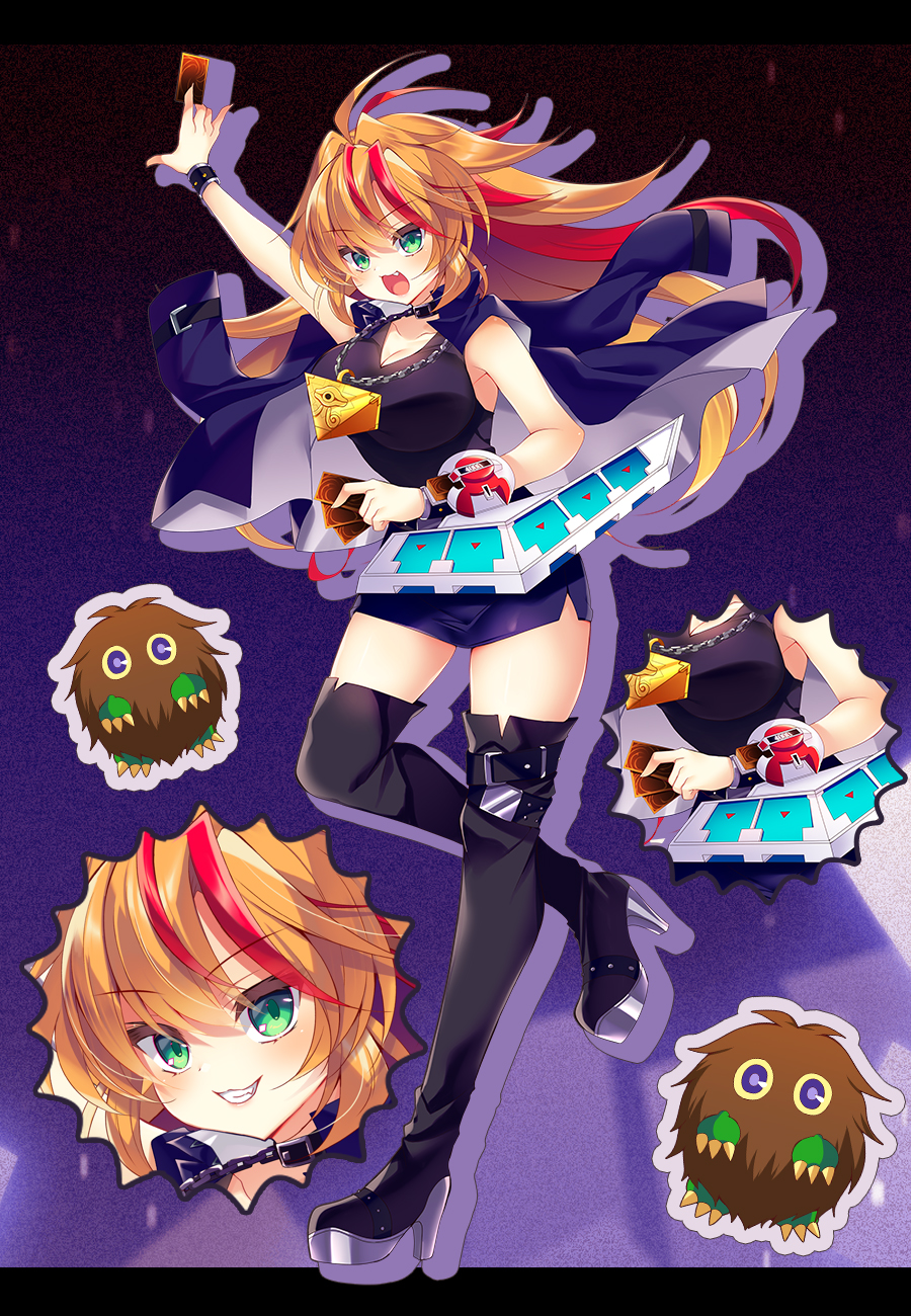 1girl, ahoge, bare_shoulders, black_footwear, black_shirt, black_skirt, boots, breasts