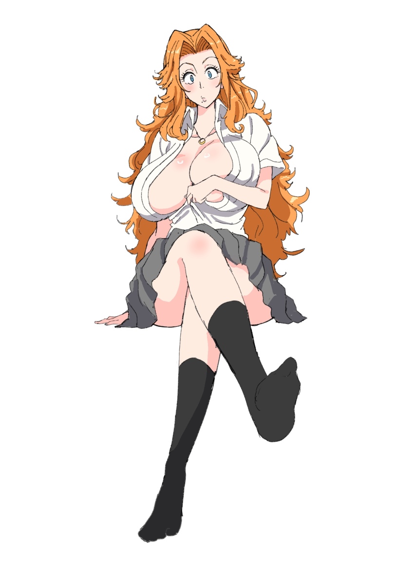 1girl, absurdres, bleach, breasts, highres, huge_breasts, karakura_high_school_uniform, long_hair, matsumoto_rangiku, orange_hair, powerhamuhamu, school_uniform, solo