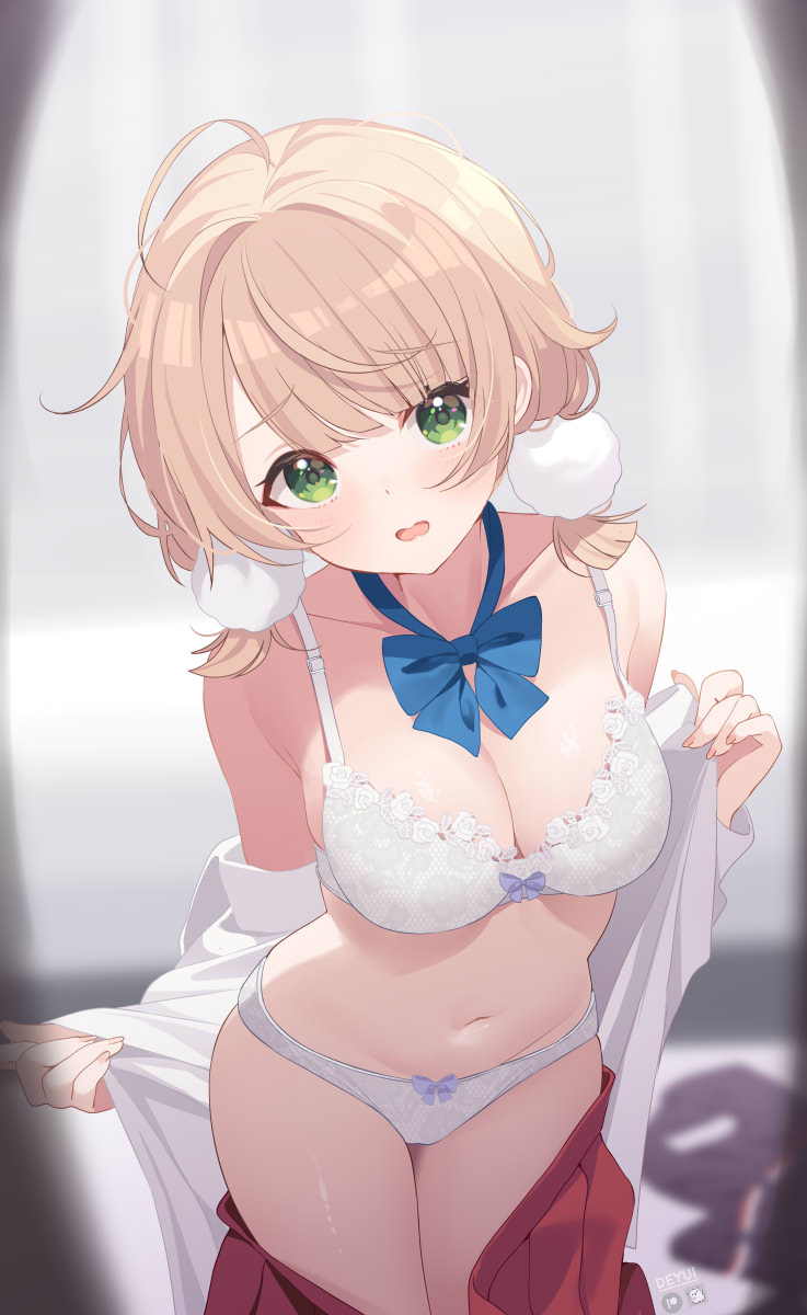 1girl, artist_name, bare_shoulders, blonde_hair, blue_bow, blue_bowtie, blurry, blurry_background