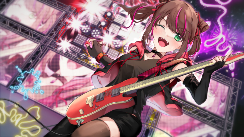 1boy, black_choker, black_gloves, black_jacket, black_shirt, black_thighhighs, blush, brown_hair, choker, elbow_gloves, fingerless_gloves, gloves, guitar, highres, holding, holding_guitar, holding_instrument, holding_plectrum, idolmaster, idolmaster_side-m, instrument, jacket, lasen, looking_at_viewer, medium_hair, mizushima_saki, multicolored_hair, one_eye_closed, pink_hair, plectrum, red_jacket, shirt, smile, solo, streaked_hair, teeth, thighhighs, two-sided_fabric, two-sided_jacket, upper_teeth_only