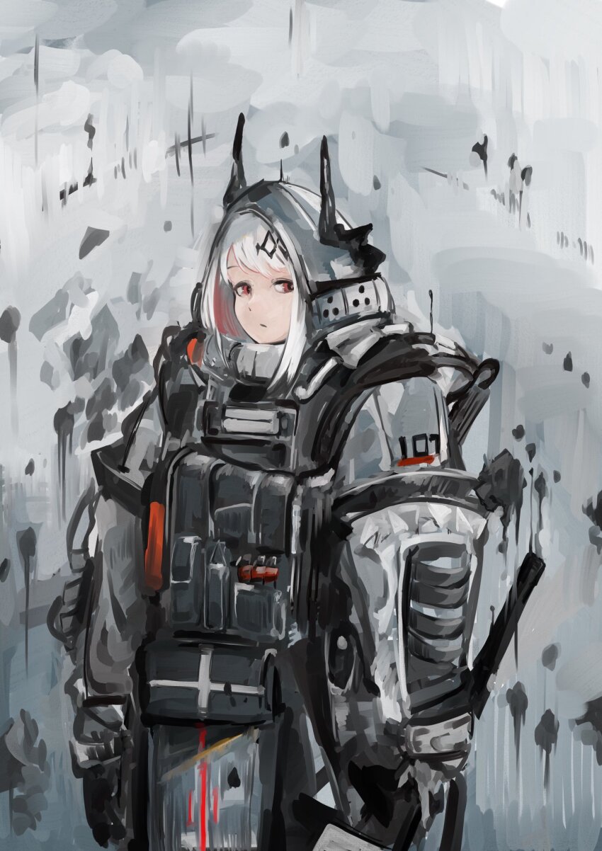 1girl, arknights, black_horns, closed_mouth, commentary_request, cowboy_shot, expressionless, grey_background