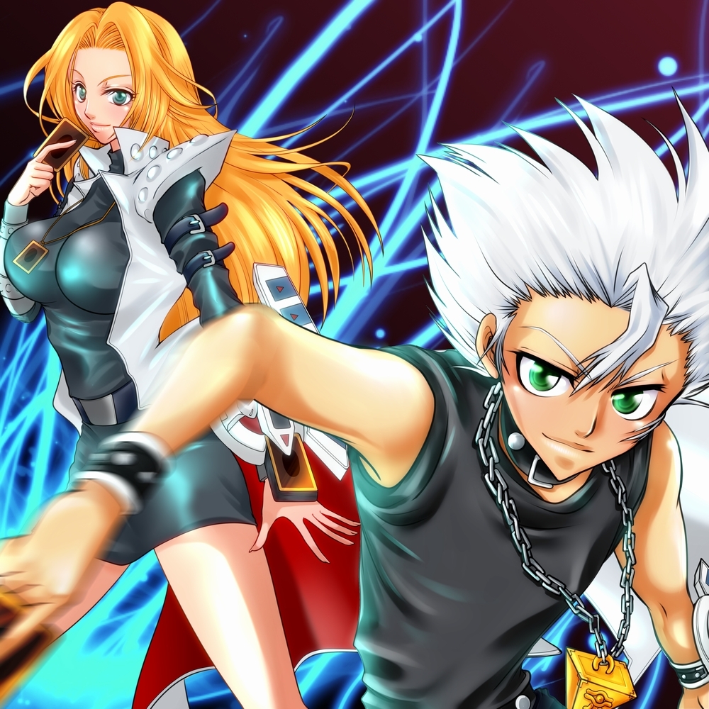 armband, belt, bleach, card, chain, collar, cosplay, crossover, green_eyes, hitsugaya_toushirou, kaiba_seto, kaiba_seto_(cosplay), long_hair, matsumoto_rangiku, muto_yugi_(cosplay), muto_yugi, orange_hair, parody, saruru, shirt, sleeveless, sleeveless_shirt, white_hair, yu-gi-oh!