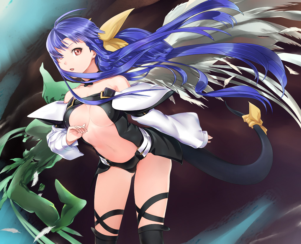 1girl, arc_system_works, asymmetrical_wings, bad_id, bad_pixiv_id, blue_hair, bow, breasts