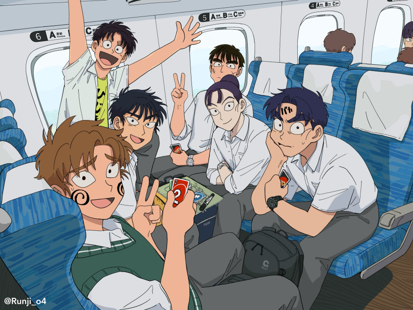 6+boys, aircraft, airplane, airplane_interior, alternate_hair_length, alternate_hairstyle, alternate_universe, annoyed