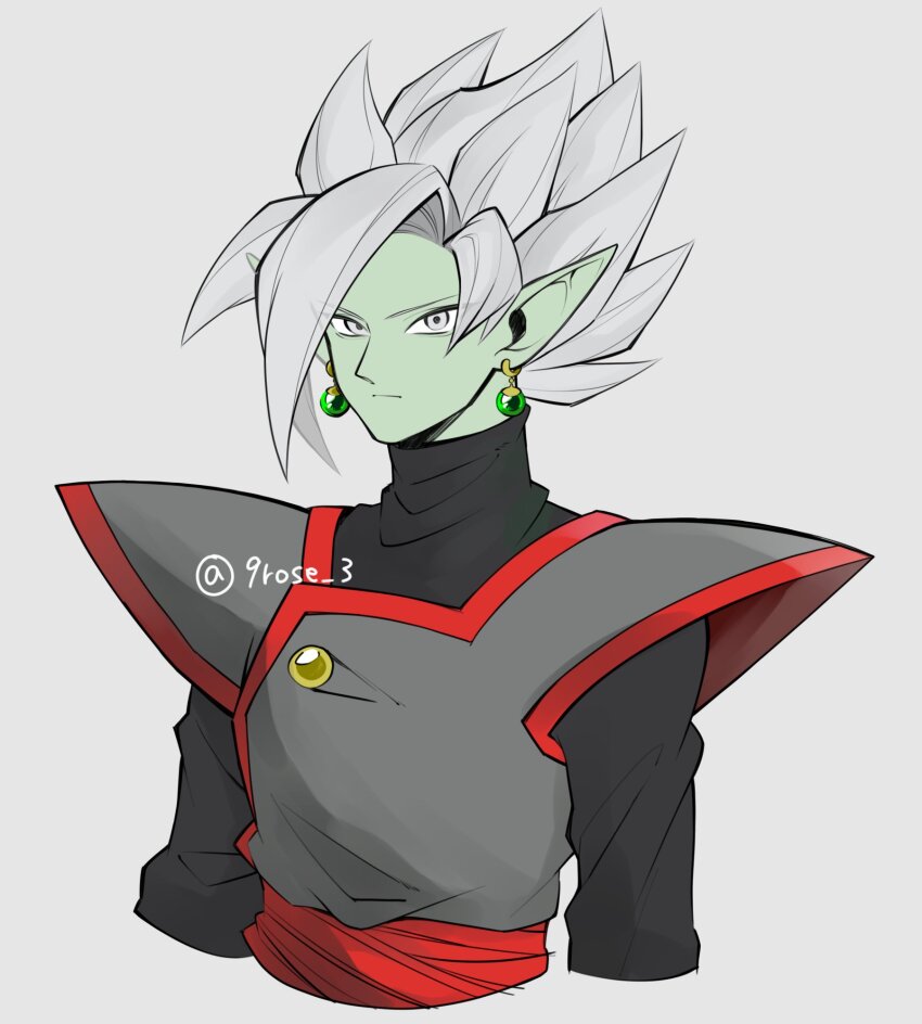 1boy, black_bodysuit, bodysuit, colored_skin, dragon_ball, dragon_ball_super, earrings, expressionless, fused_zamasu, green_skin, grey_eyes, highres, jewelry, kurose_(9rose_3), long_sleeves, looking_at_viewer, pointy_ears, potara_earrings, red_sash, sash, solo, spiked_hair, white_background, white_hair