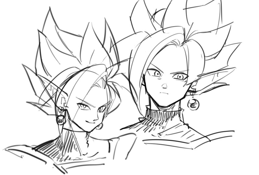 1boy, bodysuit, dragon_ball, dragon_ball_super, earrings, fused_zamasu, greyscale, highres, jewelry, kurose_(9rose_3), looking_at_viewer, monochrome, multiple_views, pointy_ears, potara_earrings, sketch, smirk, spiked_hair, white_background
