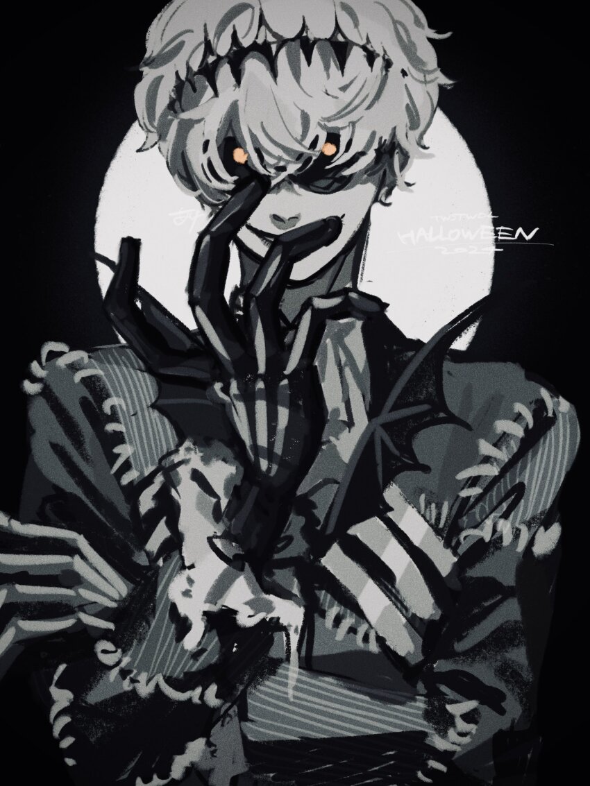 1boy, ake_karashi, black_crown, crown, formal_clothes, halloween, hand_over_face, highres