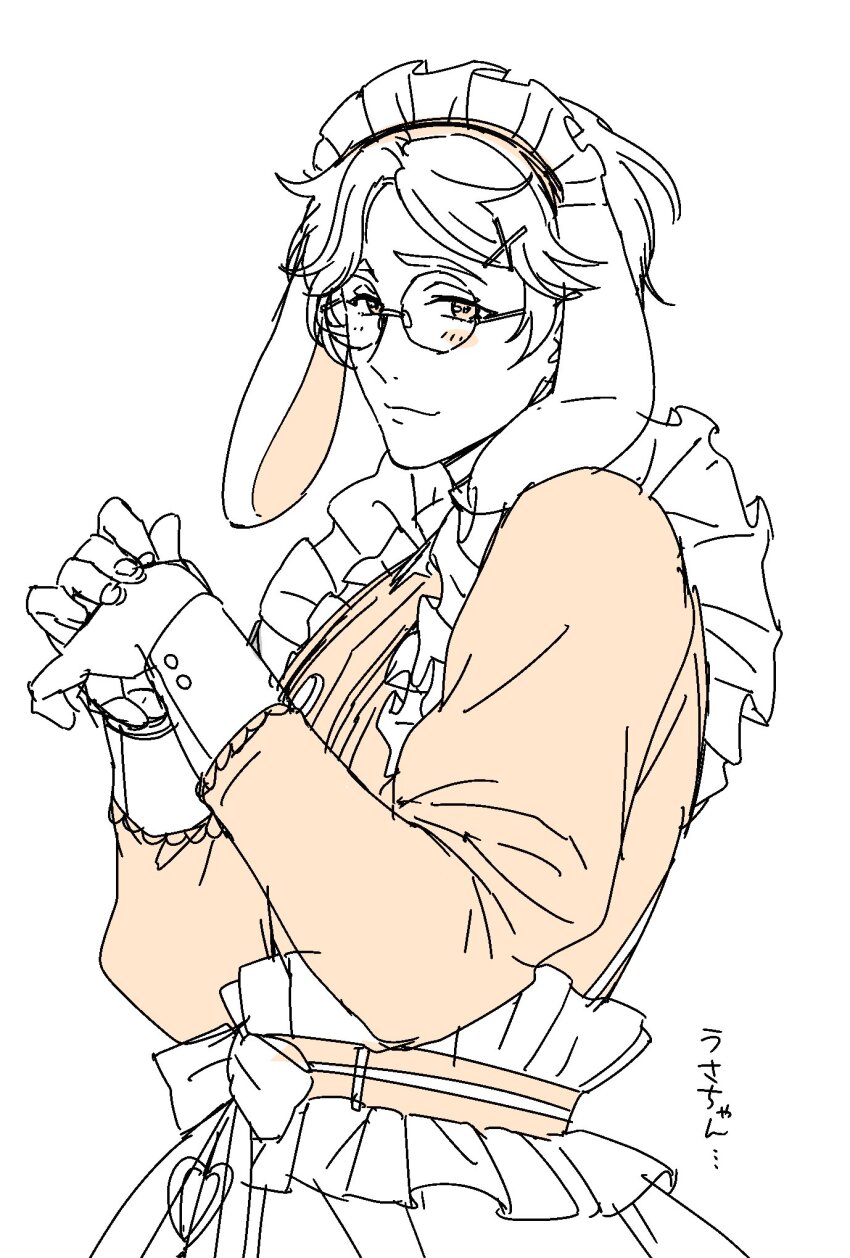 animal_ears, apron, glasses, greyscale, hair_ornament, hairclip, highres, looking_at_viewer