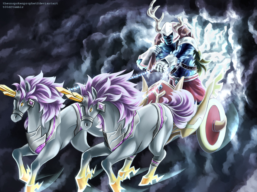 1boy, armor, chariot, chariot_master, cloud, cloudy_sky, fake_horns, helmet