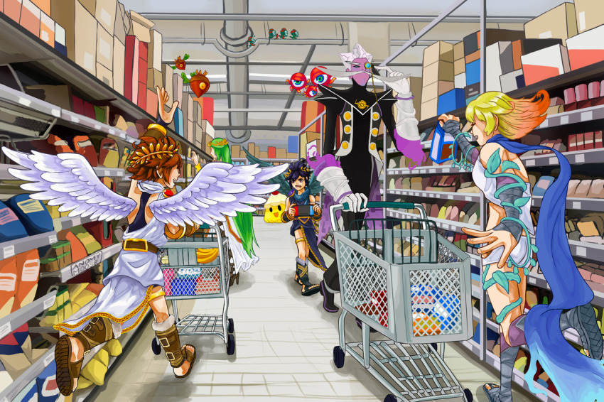 2girls, 3boys, angel, angel_wings, anonymoose, arlon_(kid_icarus), black_hair, blonde_hair