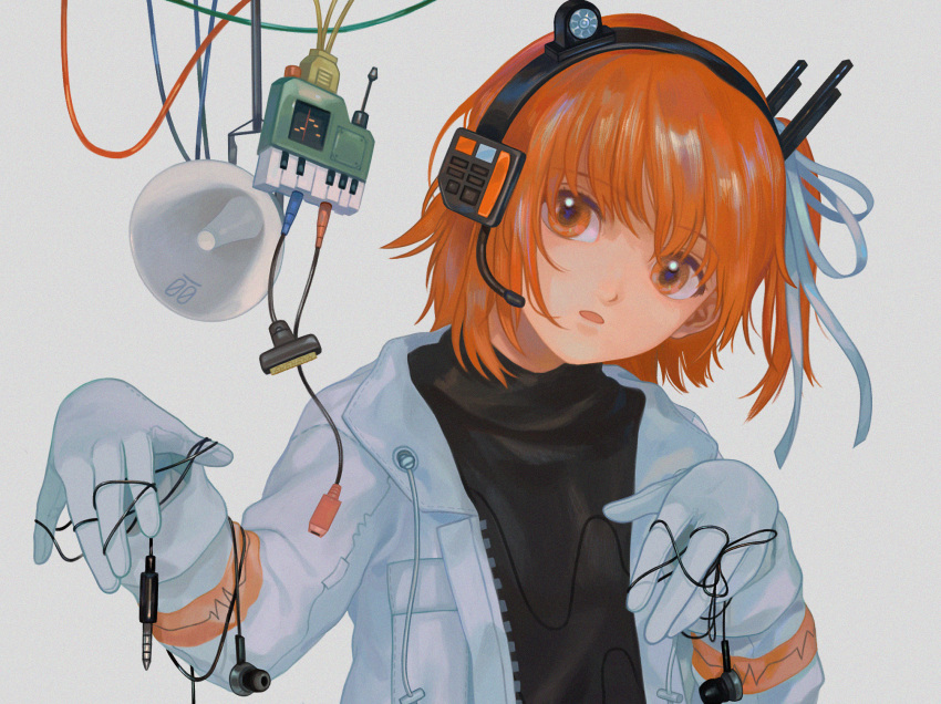 1girl, a.i._voice, adachi_rei, audio_jack, black_shirt, cable, commentary_request, earbuds