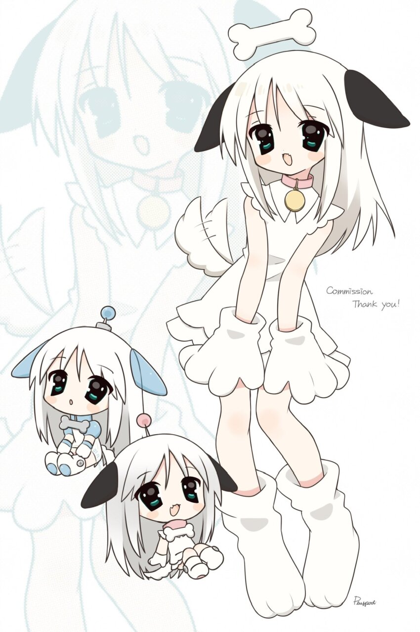 1girl, 2000s_(style), animal_collar, animal_ears, bone, chibi, chibi_inset, collar, commentary, commission, dog_ears, dog_girl, dog_tail, dress, gloves, hashtag-only_commentary, highres, long_hair, original, pallas_(lapithai), pluspod, radio_antenna, robot_ears, skeb_commission, socks, standing, tail, tail_wagging, white_dress, white_gloves, white_hair, white_socks, zoom_layer