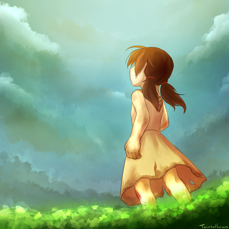1girl, blue_sky, brown_hair, chuiceturdz, from_behind, girl_(kid_icarus), injury, kid_icarus, kid_icarus_uprising, looking_up, nintendo, signature, sky, solo, standing, torn_clothes