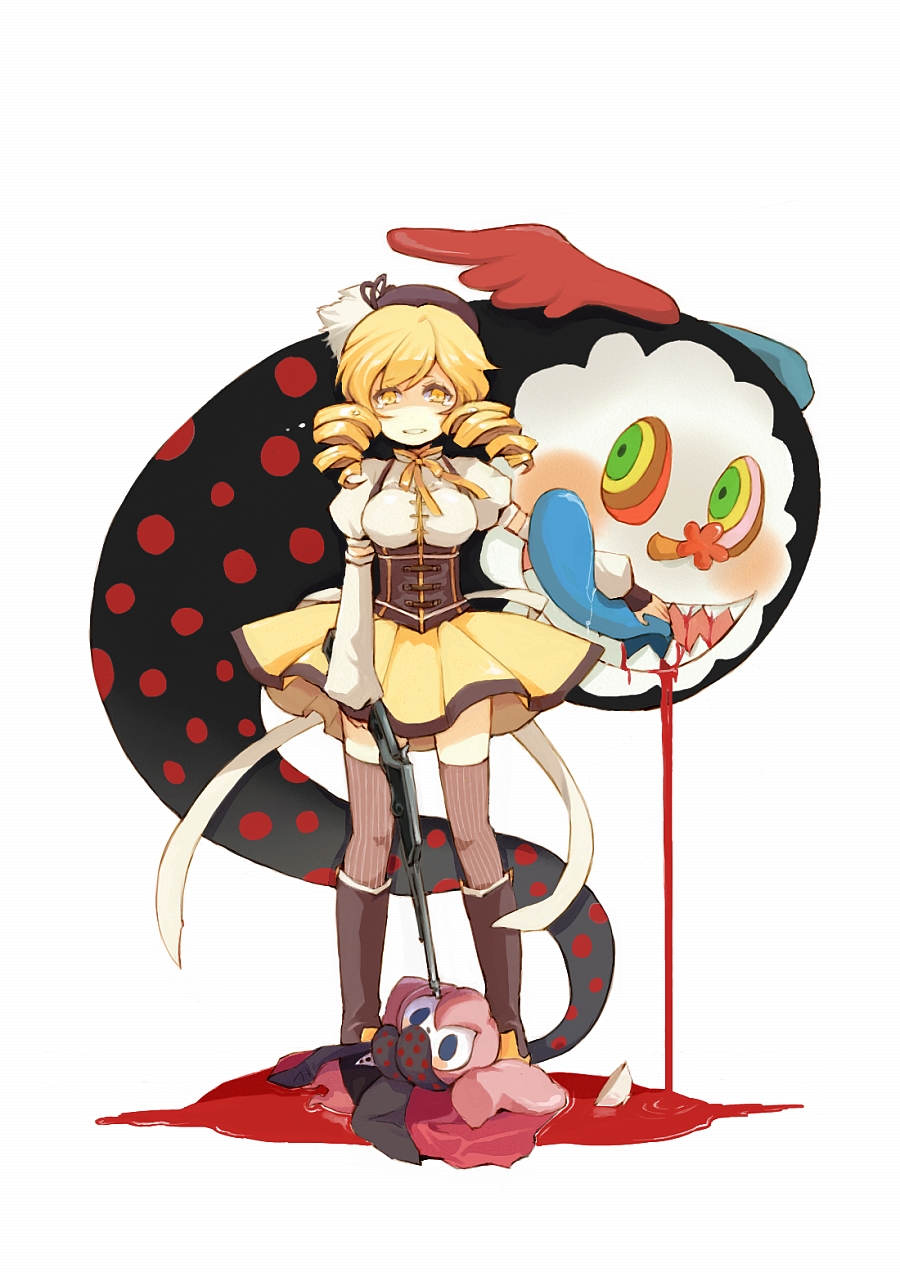 10s, 1girl, beret, blonde_hair, blood, boots, brown_thighhighs, charlotte_(madoka_magica)